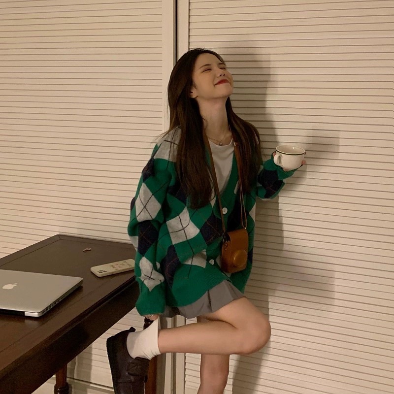 [ÁO CADIGAN CARO] Cardigan Nữ Dáng Rộng Kẻ Caro, Áo Choàng Dệt Kim Phong Cách Cổ Điển Hàn Quốc Cho Nữ
