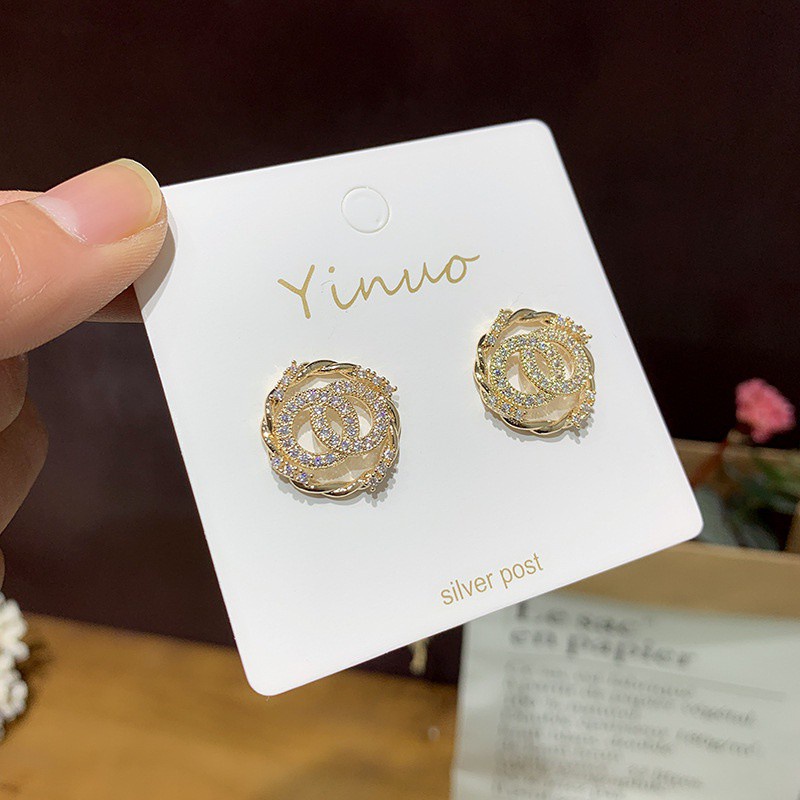 Khuyên tai đính đá Zircon hình tròn phong cách Hàn Quốc