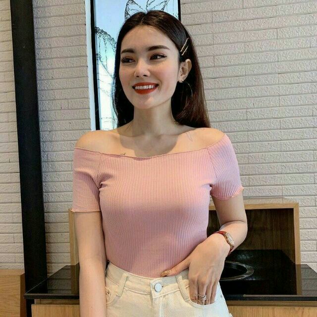 Áo bẹt vai thun gân fom dài