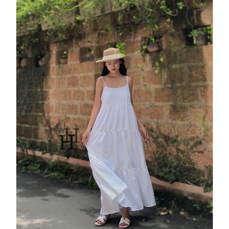 Đầm babydoll hai dây dáng dài màu trắng &amp; đen HDC90 Hỉn Hỉn Store