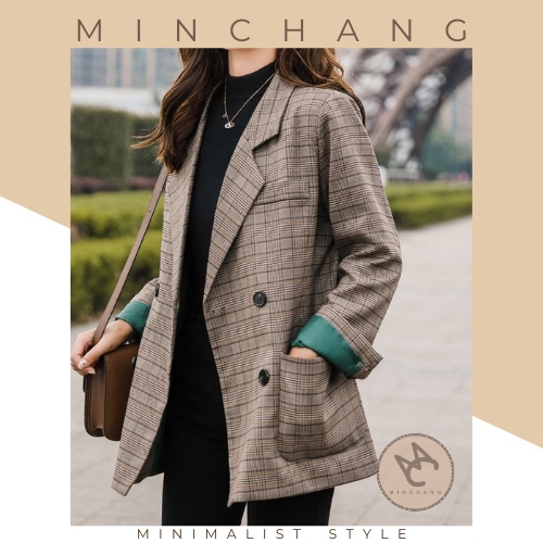 Áo khoác blazer kẻ caro cho nữ phong cách Hàn Quốc thu đông | BigBuy360 - bigbuy360.vn