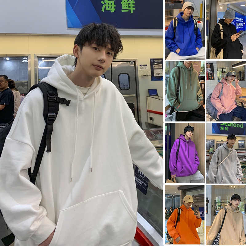 Áo hoodie tay dài dáng rộng màu trơn thời trang mùa đông dành cho nam