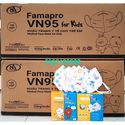 Thùng 100 hộp Khẩu trang trẻ em VN95 Kids Famapro chính hãng Nam Anh 4 lớp kháng khuẩn nhiều họa tiết