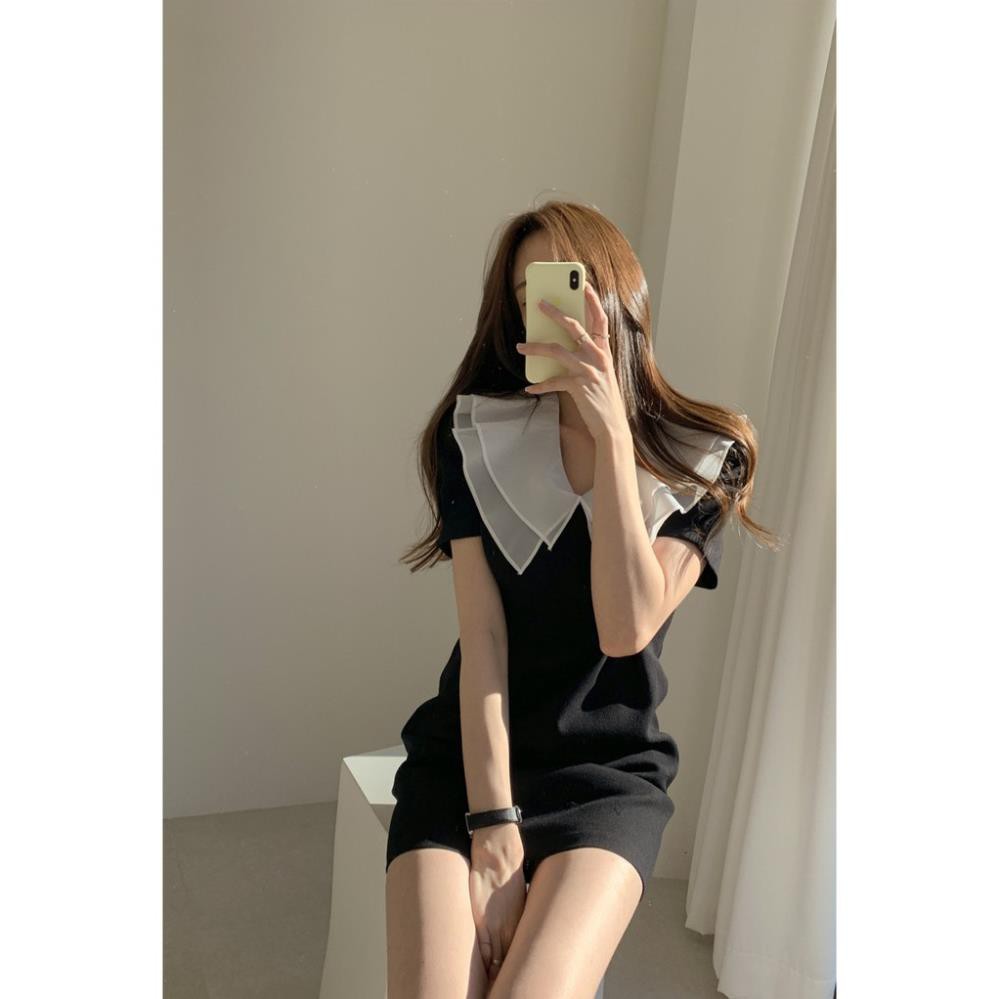 Đầm Voan Lép Đen Ngắn 2 Lớp Tay Bồng Ngắn Tay Retro Cổ Cánh Sen Lưng Cao Ulzzang Hàn Quốc Đầm Voan Thời Trang Lép