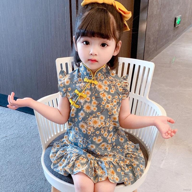 Đầm Sườn Xám In Hoa Kiểu Trung Hoa Thời Trang Mùa Hè Cho Bé Gái