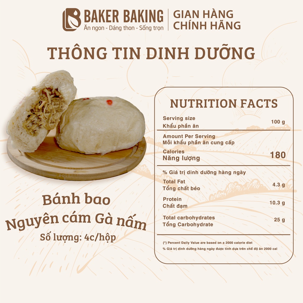 Bánh bao tươi nguyên cám Baker Baking mix vị không chất bảo quản set 4 bánh