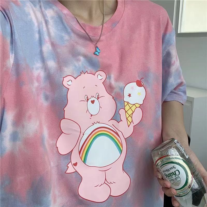 ins tie-dyed bear new western style short-sleeved t-shirt women loose Korean version of the trendy net red Harajuku strange blouse body fabric