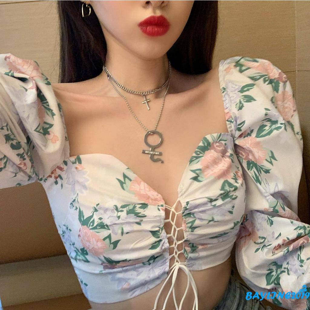 Áo Croptop Tay Phồng In Họa Tiết Hoa Quyến Rũ Dành Cho Nữ