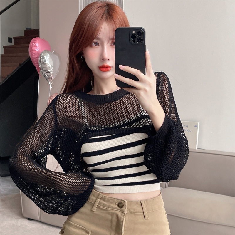 Set Áo Lửng Dài Tay Họa Tiết Kẻ Sọc + Quần Dài Thời Trang Dành Cho Nữ