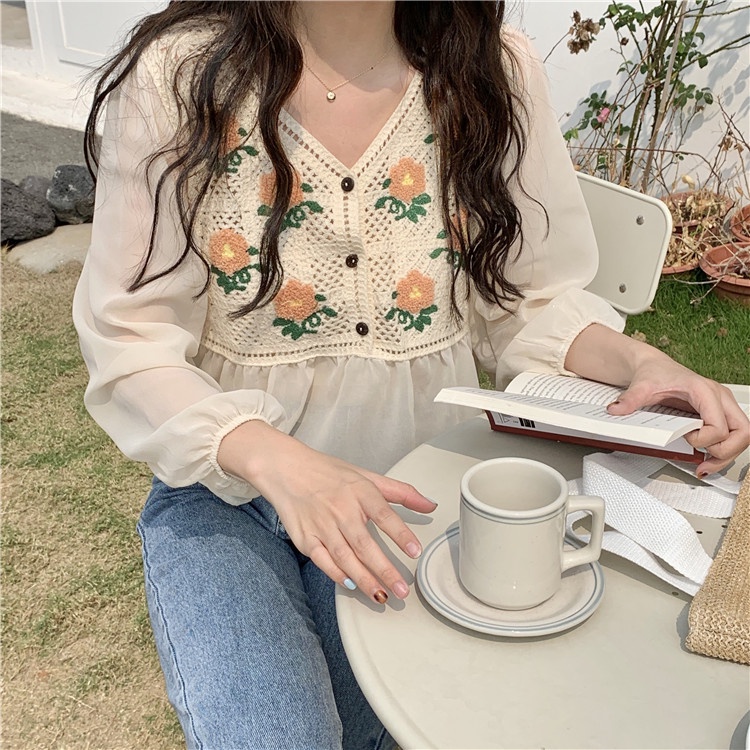 SUXI Áo Sơ Mi Tay Dài Cổ Chữ V In Họa Tiết Hoa Phong Cách Vintage Hàn Quốc