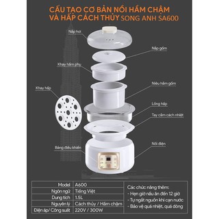 Nồi Nấu Cháo, Chưng Yến Nồi Hầm Chậm Và Hấp Cách Thủy Đa Năng Song Anh A600