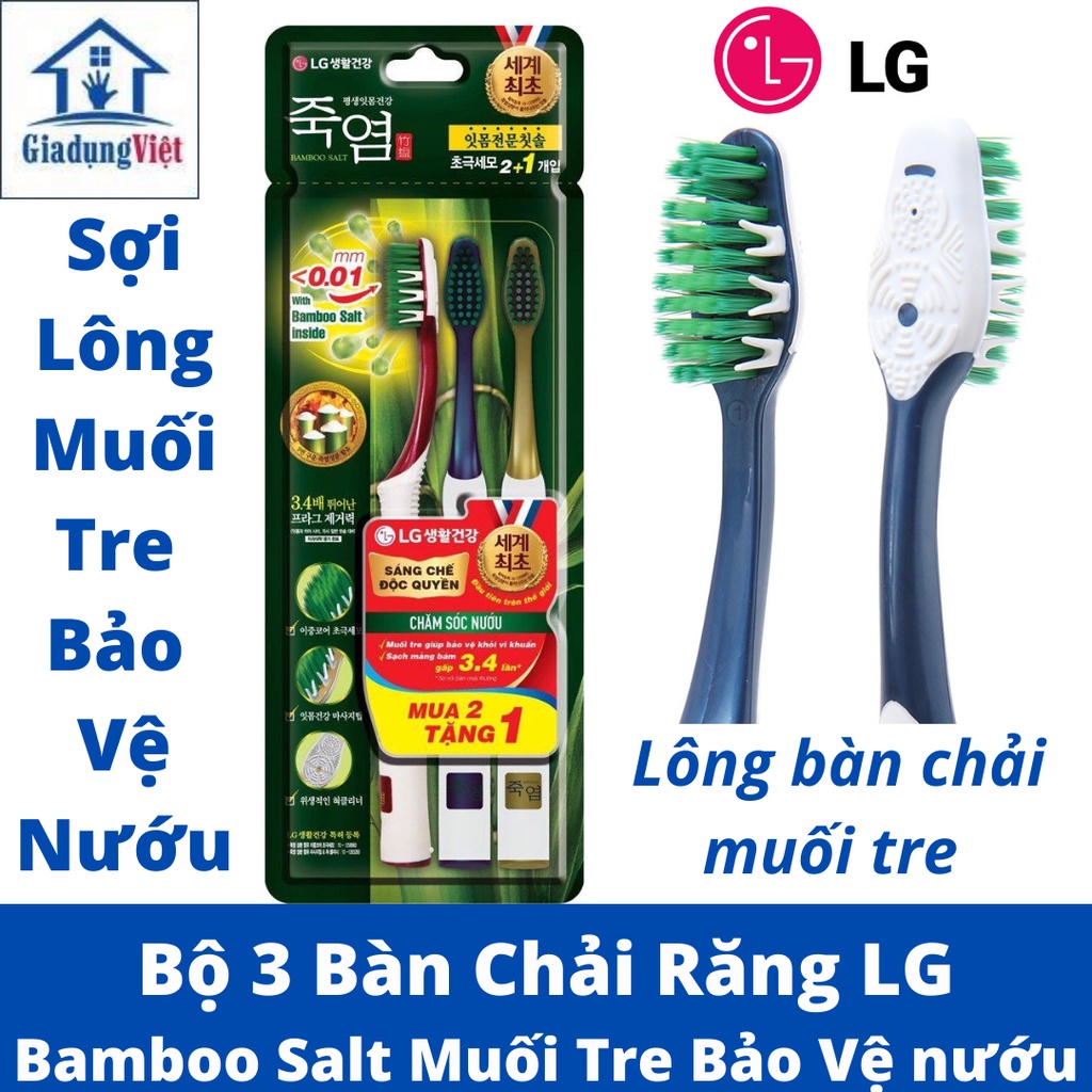 [MUA 2 TẶNG 1] Bộ 3 Bàn Chải Đánh Răng Bamboo Salt Muối Tre Lõi Kép Chăm sóc nướu