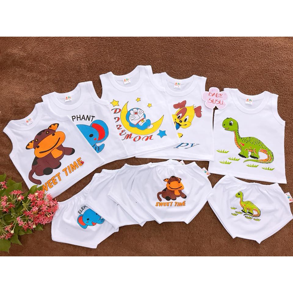 COMBO 5 Bộ quần áo trẻ em thun cotton SUSU | Mẫu  Sát Nách Trắng| Size 1-5 cho bé 5-15 kg| Đồ bộ bé trai | đồ bộ bé gái