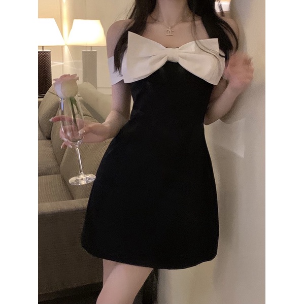 Đầm váy nữ trễ vai phối nơ đen trắng tiểu thư sang chảnh hot ulzzang