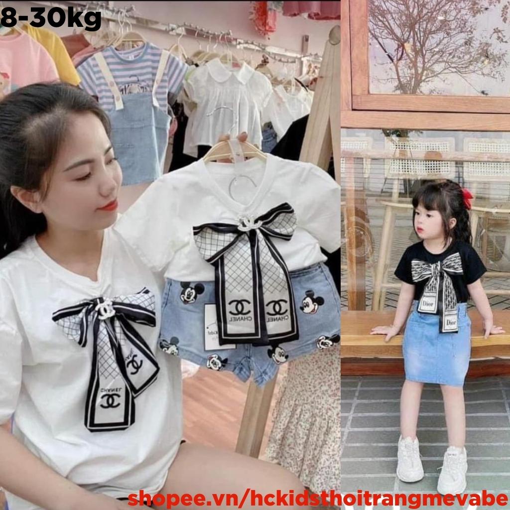 Aó phông cotton cao cấp tặng kèm nơ lụa kèm tag đính đá sang chảnh cho bé gái từ 8-30kg_HC38