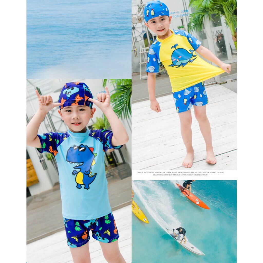 Bộ Đồ Bơi Trẻ Em Kèm Mũ Dành Cho Bé Trai In Hình Dễ Thương Vải Co Giãn Thoáng Mát