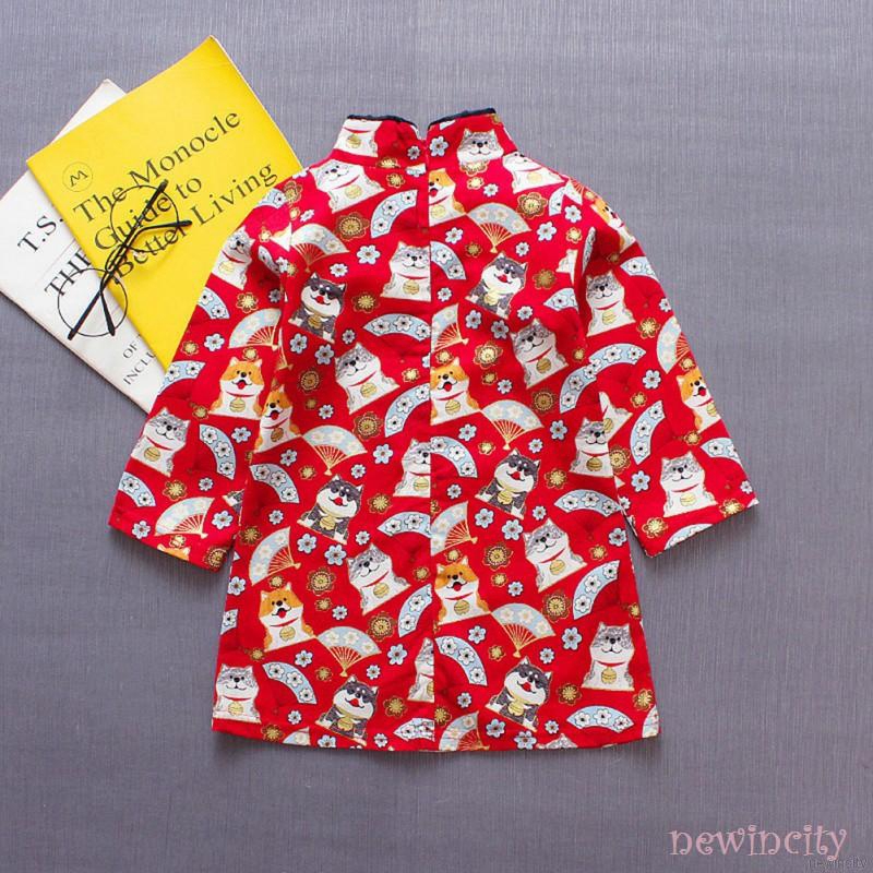 Đầm bé gái tay dài in hình mèo may mắn phong cách Trung Quốc