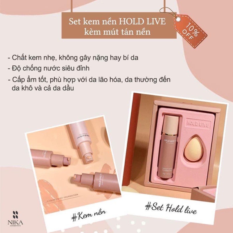 [NIKA STORY] Set kem nền Hold Live mượt mịn tự nhiên che khuyết điểm kèm mút tán nền tone 202
