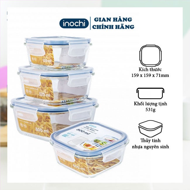 Hộp Thực Phẩm Thủy Tinh Chịu Nhiệt INOCHI - Hộp Quay Đồ Ăn Nhanh Hình Vuông
