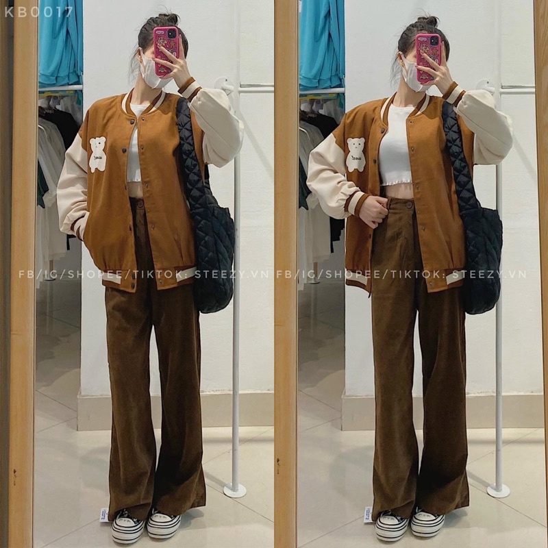 Áo khoác bóng chày bomber in gấu kaki da lộn 2 lớp unisex ulzzang nam nữ