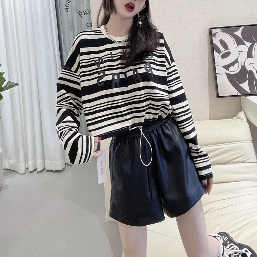 Áo sweater ZHELIHANGFEI tay dài dáng rộng họa tiết sọc ngang dễ phối đồ cho nữ
