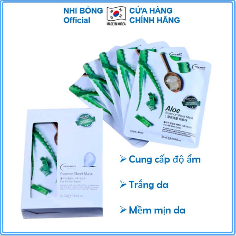 Mặt nạ giấy - Mặt nạ Lô Hội dưỡng da từ Lô Hội cấp ẩm &amp; làm trắng Holikey Hàn Quốc [ Hộp 10 Túi / Hàng Nhập Khẩu Hàn Q