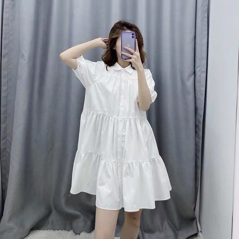 Kèm ảnh thật)Đầm Váy Trắng sơ mi Babydoll ulzzang công chúa đi biển dài xếp ly suông đẹp nữ dài qua gối thiết kế đuôi cá