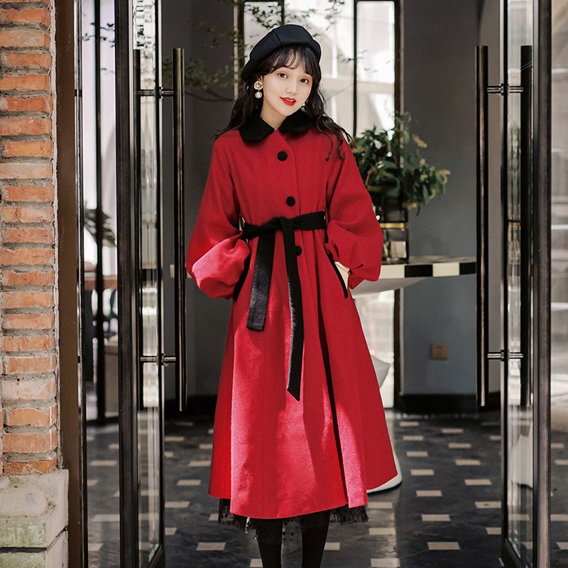 ☸✷♗Pháp cổ điển rượu vang Hepburn màu đỏ áo khoác len váy dài Yujie tính khí nấu chín nhẹ kiểu nữ thần Fan ࿈