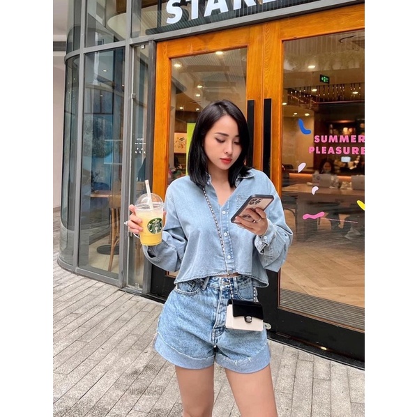 áo sơ mi jeans croptop tay dài thêu túi form rộng đẹp ạ hình thật ( kèm video)
