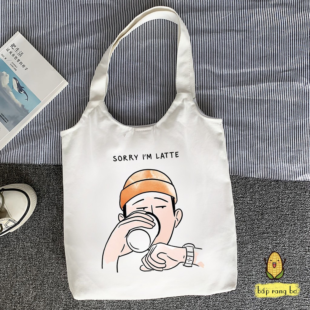 TÚI TOTE TRÒN SORRY I'M LATTE VẢI DỆT CANVAS CÓ TÚI CON