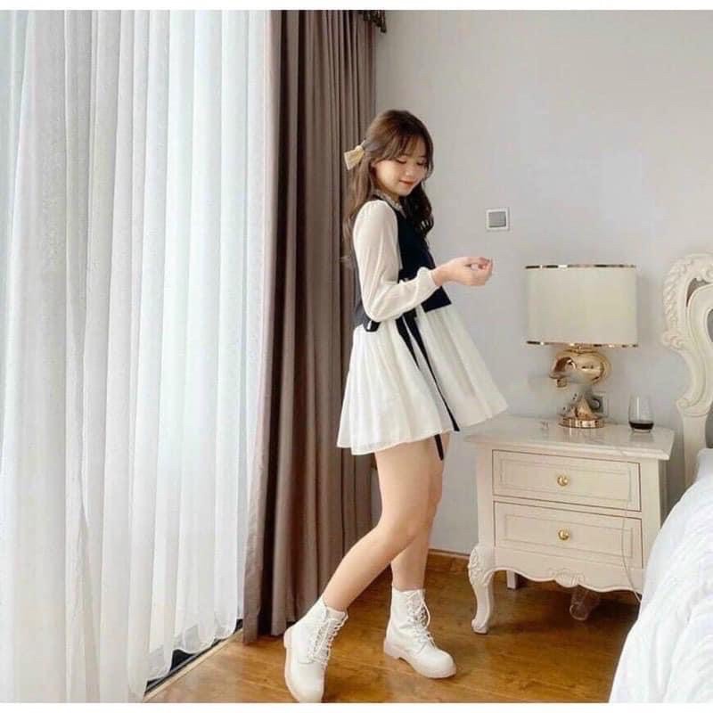 Set Váy yếm Áo Gile buộc nơ eo Hàn Quốc (hình thật/ sẵn)