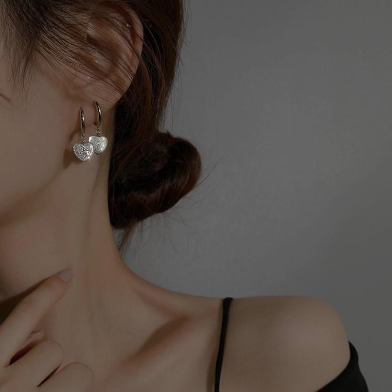 (048) Khuyên Tai Dài Mặt Trái Tim Bạc ❤️ Lấp Lánh Phong Cách Hàn Quốc