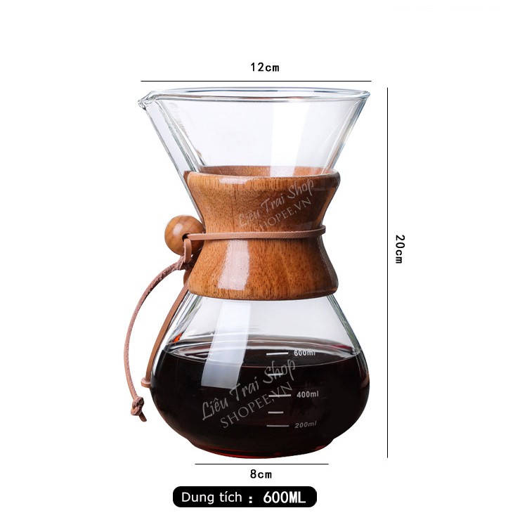 Bình pha v60 cà phê cafe pour over V60 Chemex drip không giấy lọc Inox 304 600ml