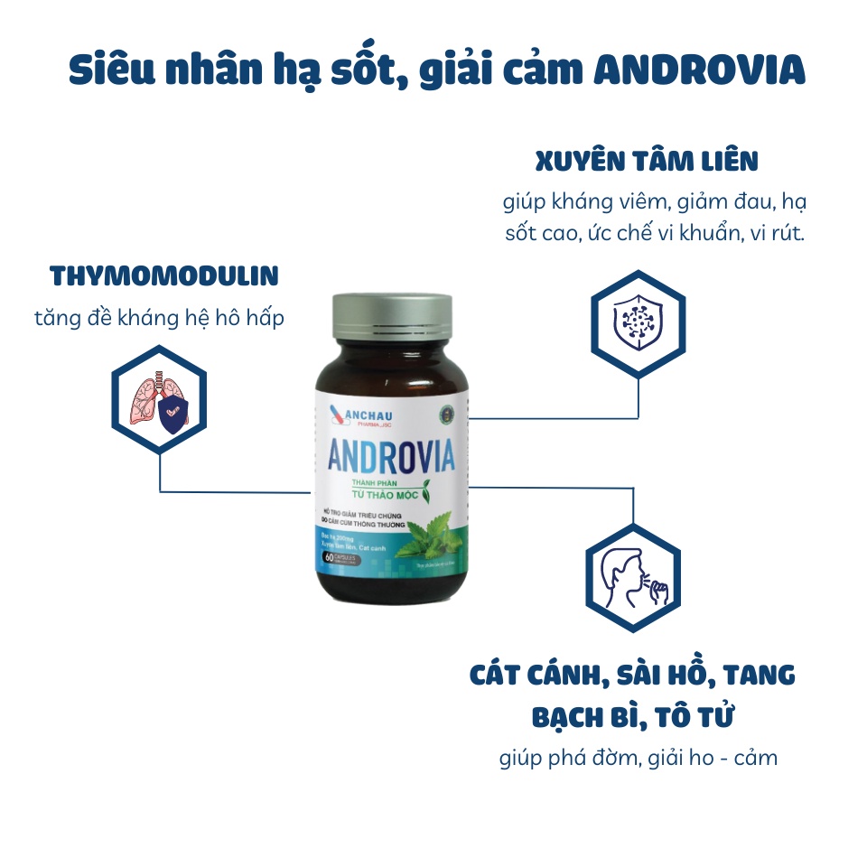 ANDROVIA viên uống xuyên tâm liên, thymomodolin giảm cảm cúm, ho, sổ mũi, sốt, tăng đề kháng