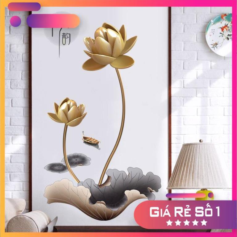 Tranh dán tường hoa sen vàng, Decal thư pháp chữ Hán,Tranh 3D trang trí phòng khách