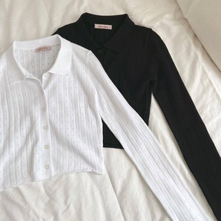 Áo polo len lỗ dài tay - Áo len nữ đục lỗ dài tay cổ bẻ A1970