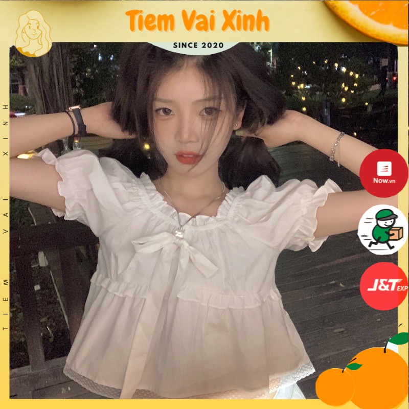 Áo Croptop Babydoll [Tiệm Vải Xinh] Áo Croptop Viền Ren Ngắn Tay Dễ Thương
