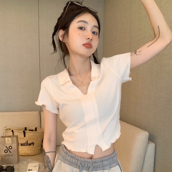 【ZHELIHANGFEI】Áo Thun POLO Dệt Kim Ngắn Tay Hở Eo Quyến Rũ