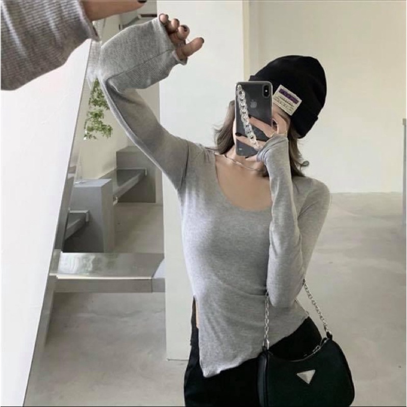 Áo thun tay dài ôm body kiểu nữ vạt chéo xẻ tà trơn cổ tròn - Order taobao quảng châu