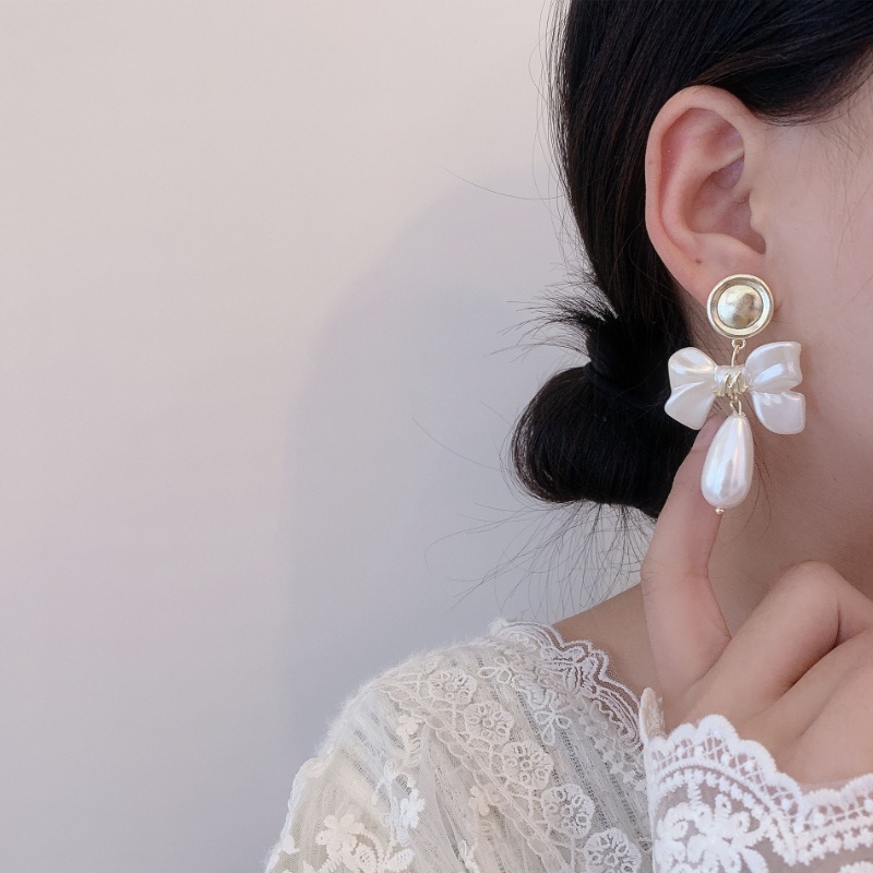 Bông Tai Mạ Bạc 925 Hình Nơ Đính Ngọc Trai Phong Cách Hàn Quốc