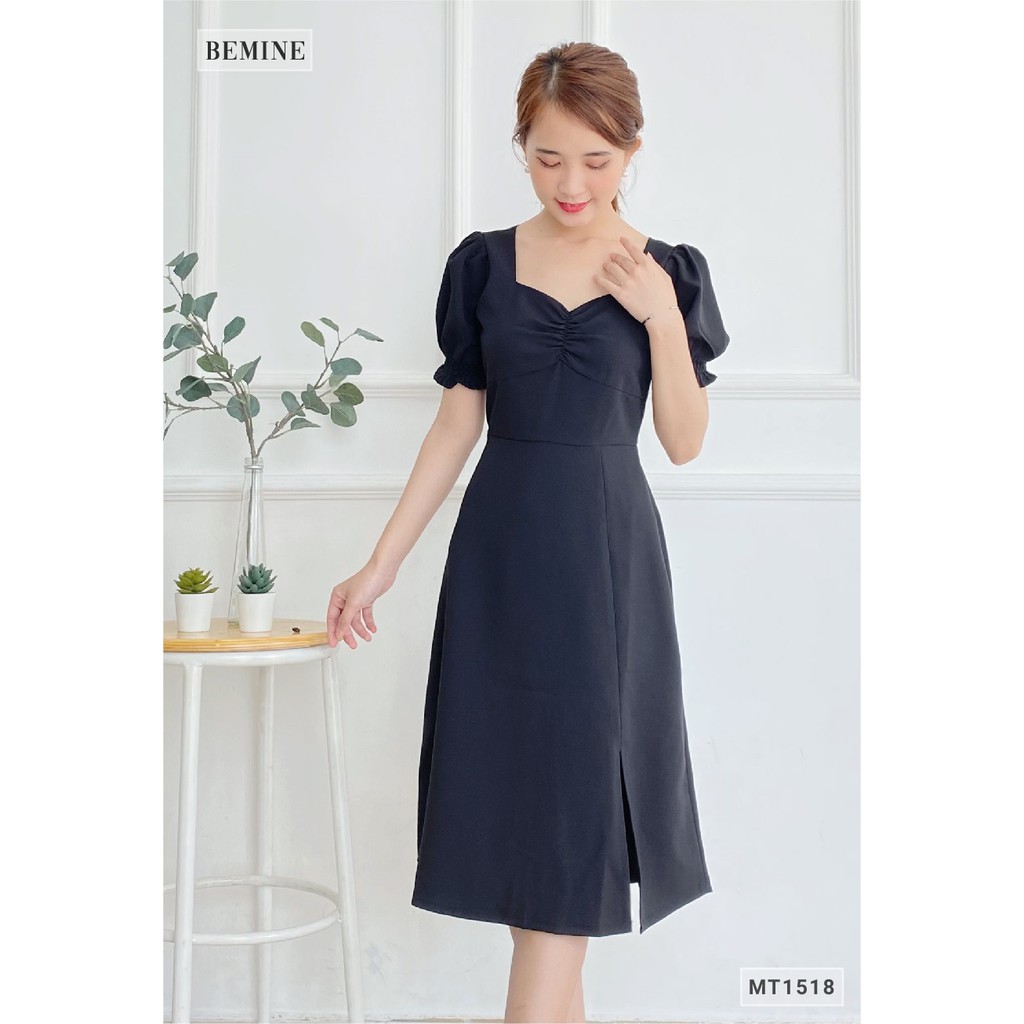 Đầm cổ tim nhún ngực BEMINE MT1518DEN | BigBuy360 - bigbuy360.vn