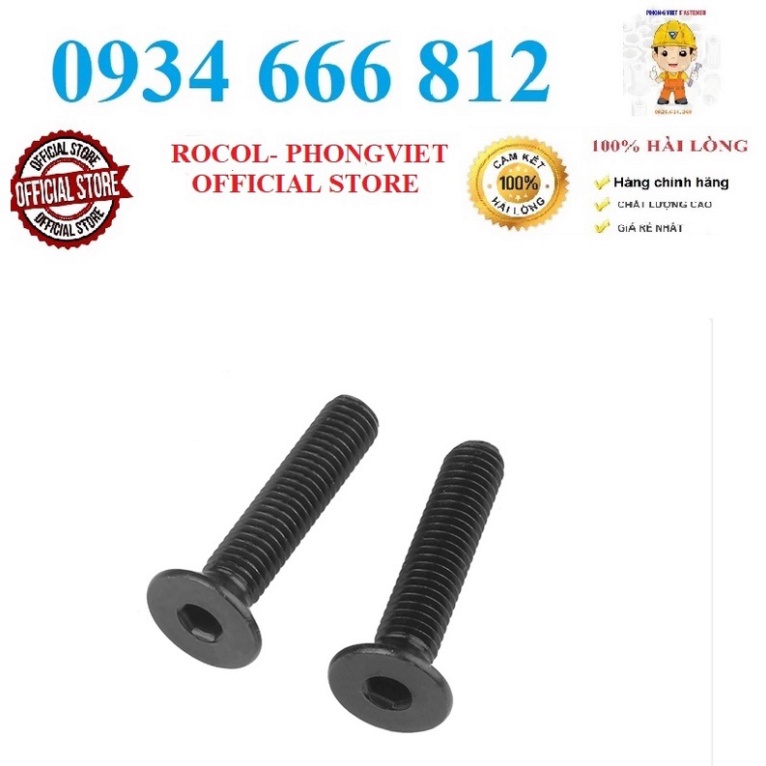 Set 50 cái và 10 cái M6 Bulong lục giác chìm đầu bằng M6 thép mạ cấp bền 10.9 M6