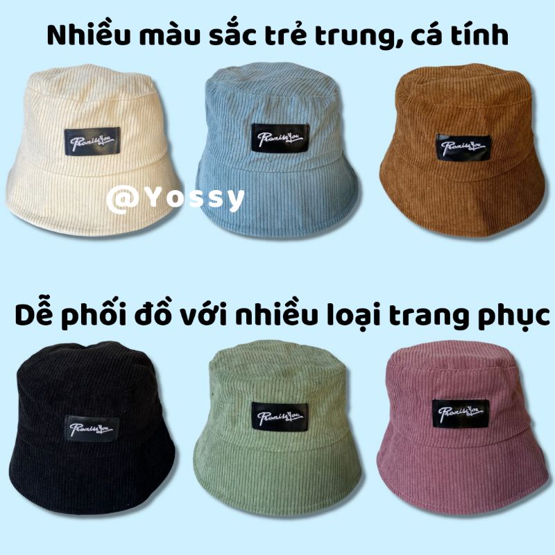 Mũ bucket Yossy vành cụp thêu chữ Promiss chất vải nhung phong cách Hàn Quốc ❤ Nón tai bèo nam nữ unisex cao cấp