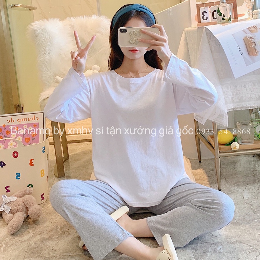 Bộ nỉ dáng xuông 4 màu hottrend trắng hồng xanh dương xanh than thời trang Banamo Fashion 198