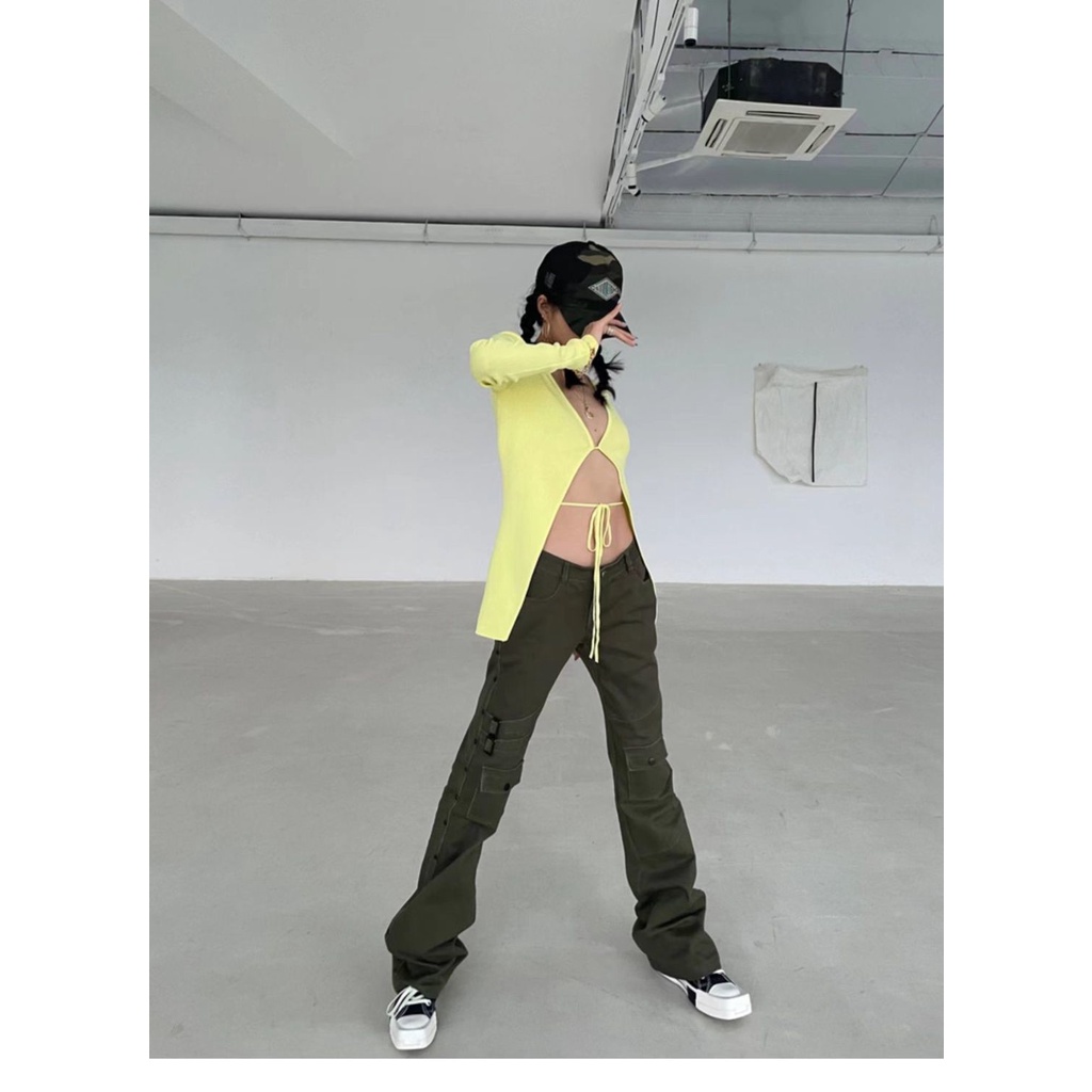 Quần jean ống rộng phối cúc lưng cao phong cách hip-hop thời trang xuân thu cho nữ
