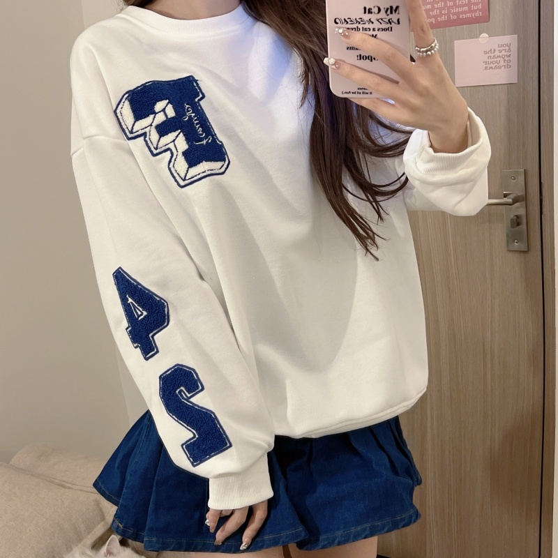 ZHELIHANGFEI Áo Thun Tay Dài Cổ Tròn Với Họa Tiết Thêu Theo Phong Cách Preppy