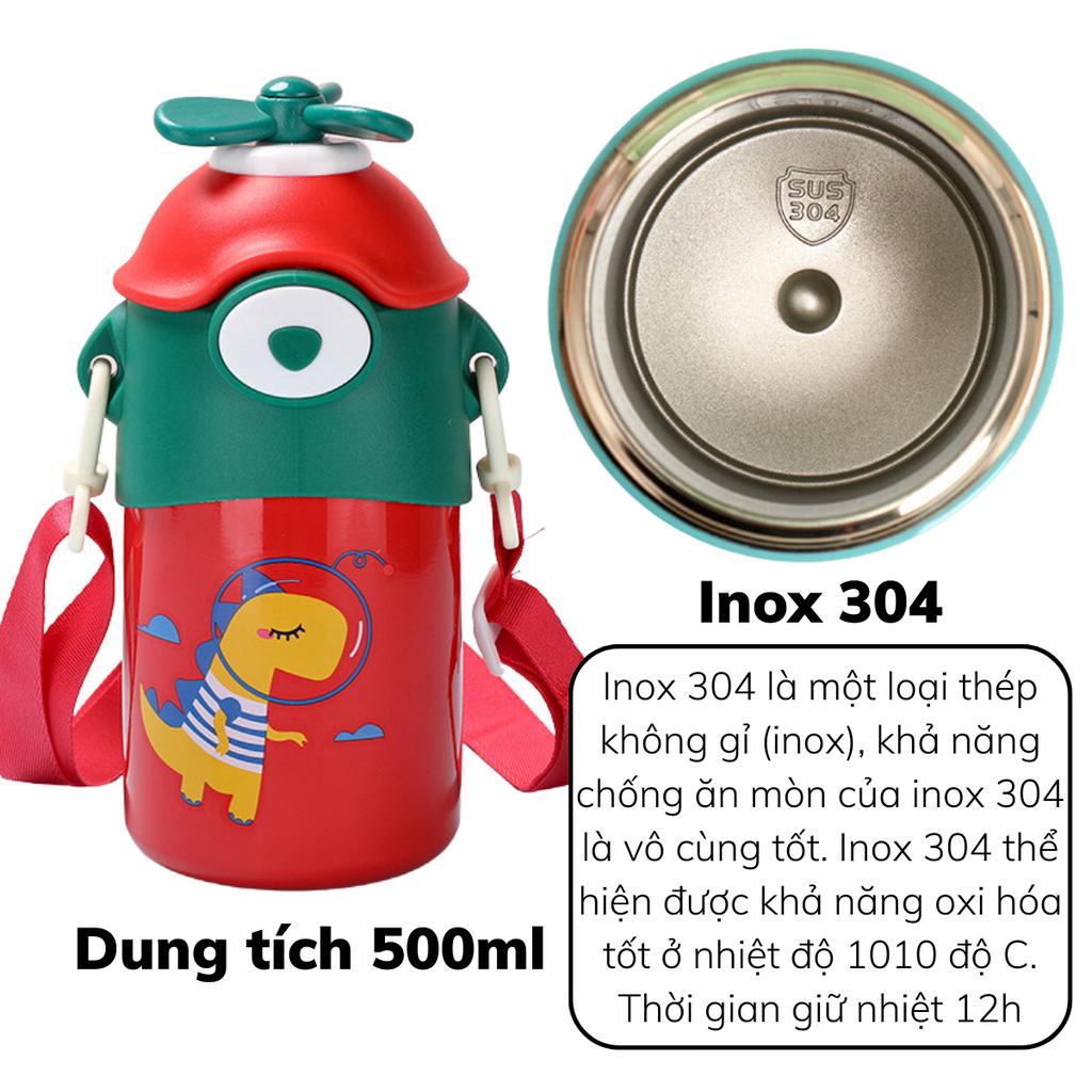 Bình giữ nhiệt cho bé đi học nắp chong chóng 500ml, bình uóng nước cho bé chất liệu inox 304 có ống hút_ GICMAN