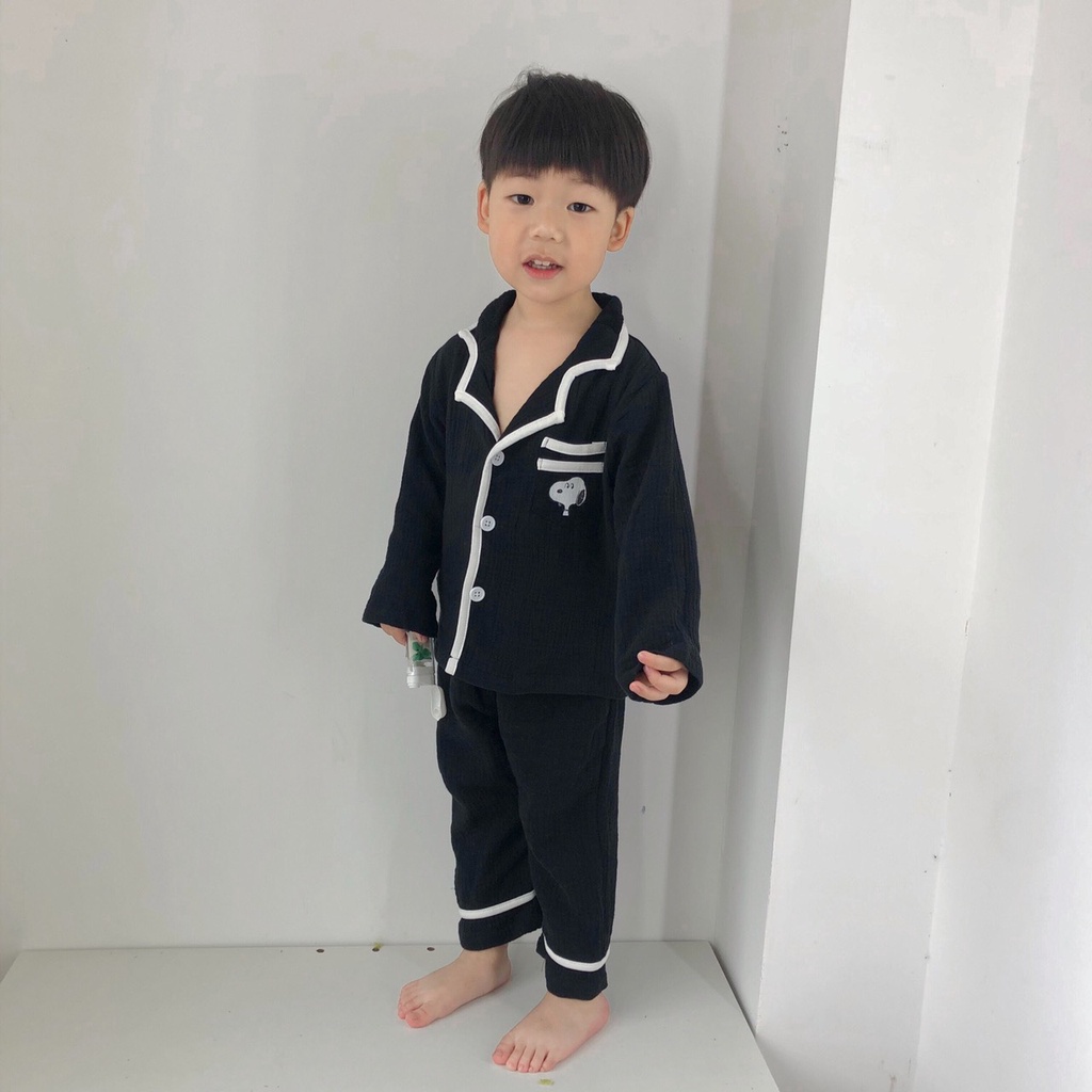 Pijama cho bé, bộ pijama đũi xốp chạy né họa tiết chú chó trên túi ngực cho bé trai bé gái