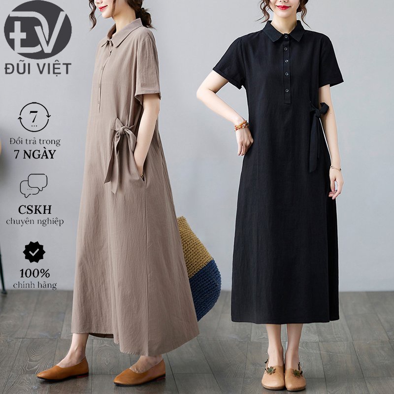 Đầm suông linen form rộng, đầm suông kiểu dáng sơ mi túi chéo, dây thắt bên hông Đũi Việt