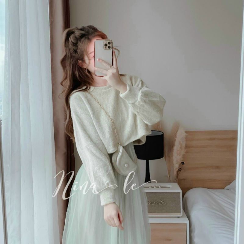 SET 3 MÓN ÁO LEN CỔ TRÒN + CHÂN VÁY LƯỚI + TÚI LEN ĐEO CHÉO